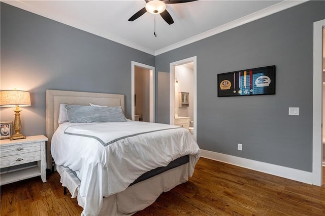 bedroom featuring ceiling fan, connected bathroom, crown molding, and dark hardwood / wood-style flooring