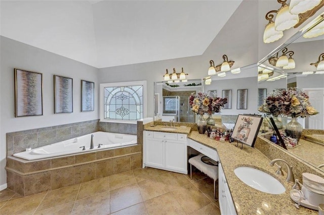 bathroom featuring tile floors, tiled bath, high vaulted ceiling, and oversized vanity