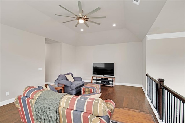 living room with dark hardwood / wood-style flooring and ceiling fan