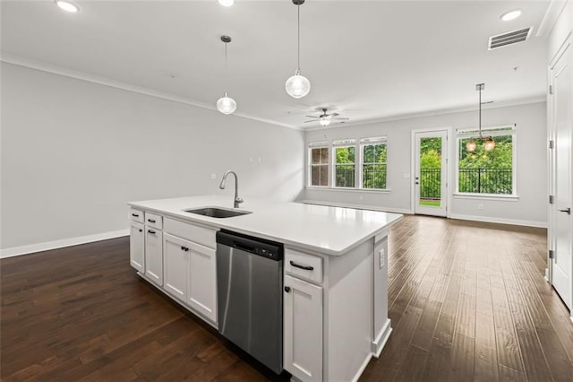 240 Walker Ave, Roswell, GA 30076 - kitchen with stainless steel dishwasher, a sink, ornamental molding, dark wood-type flooring, and light countertops