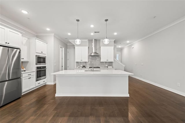 240 Walker Ave, Roswell, GA 30076 - kitchen featuring appliances with stainless steel finishes, wall chimney exhaust hood, light countertops, decorative backsplash, and crown molding