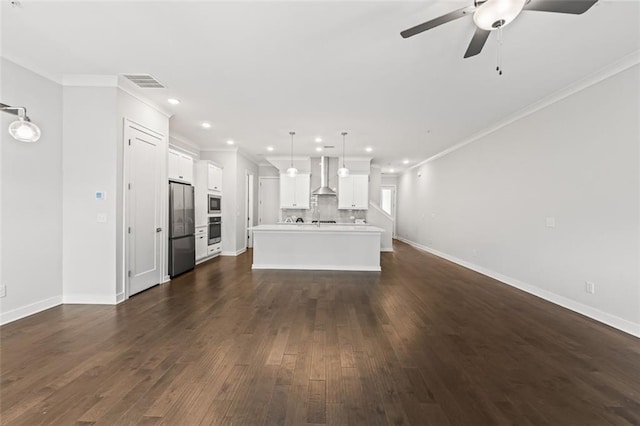 240 Walker Ave, Roswell, GA 30076 - unfurnished living room with ceiling fan, ornamental molding, dark wood-style floors, recessed lighting, and baseboards