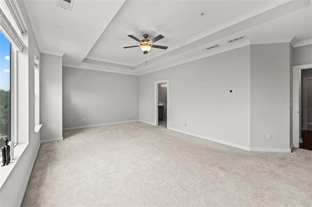 240 Walker Ave, Roswell, GA 30076 - empty room with light carpet, a ceiling fan, a raised ceiling, crown molding, and baseboards
