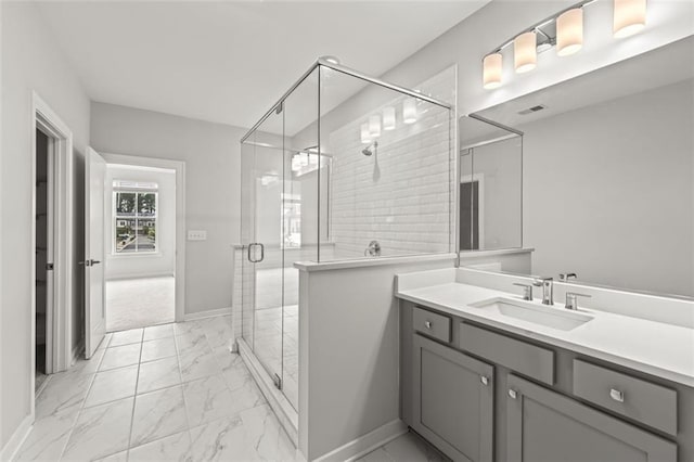 240 Walker Ave, Roswell, GA 30076 - full bath featuring marble finish floors, vanity, baseboards, and a stall shower