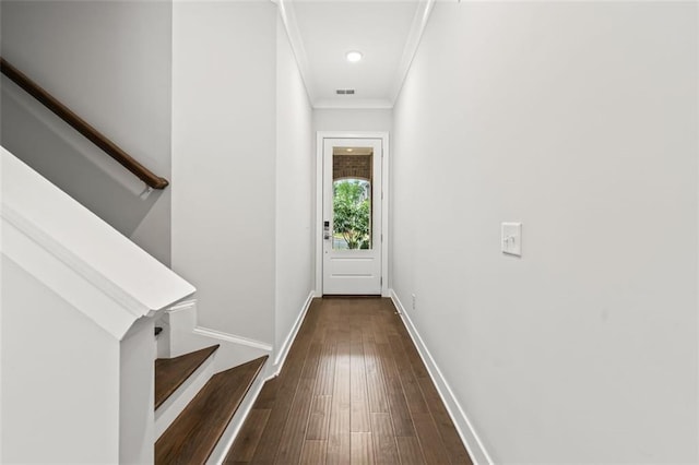 240 Walker Ave, Roswell, GA 30076 - doorway with crown molding, dark wood finished floors, baseboards, and stairway