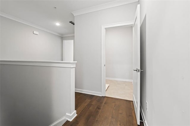 240 Walker Ave, Roswell, GA 30076 - hallway with crown molding, dark wood-style flooring, recessed lighting, baseboards, and an upstairs landing