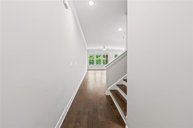 240 Walker Ave, Roswell, GA 30076 - corridor with baseboards, dark wood finished floors, stairway, recessed lighting, and ornamental molding