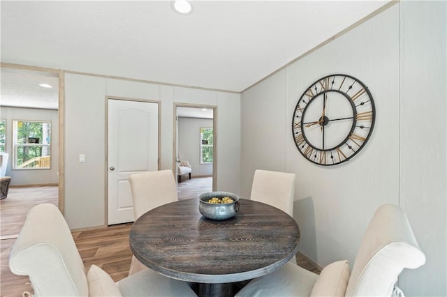 dining area featuring plenty of natural light and light hardwood / wood-style floors