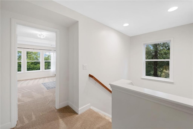 6018 Oakdale Rd SE, Mableton, GA 30126 - hall featuring an upstairs landing, carpet flooring, healthy amount of natural light, and recessed lighting