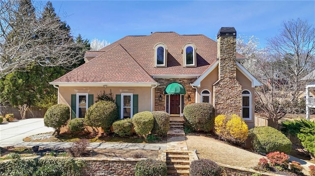 view of front of home featuring stucco siding, roof with shingles, a chimney, and fence