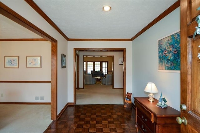 118 Heritage Way, Peachtree City, GA 30269 - hall featuring baseboards, dark carpet, and a textured ceiling