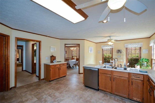118 Heritage Way, Peachtree City, GA 30269 - kitchen with stainless steel dishwasher, ceiling fan, brown cabinetry, light countertops, and ornamental molding