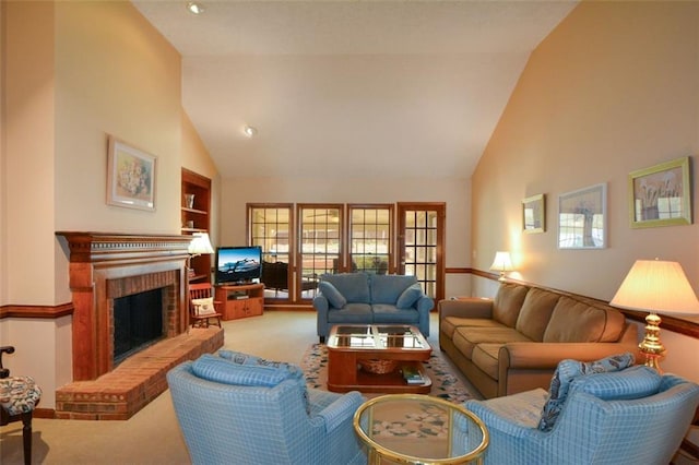 118 Heritage Way, Peachtree City, GA 30269 - living area featuring carpet flooring, high vaulted ceiling, and a brick fireplace