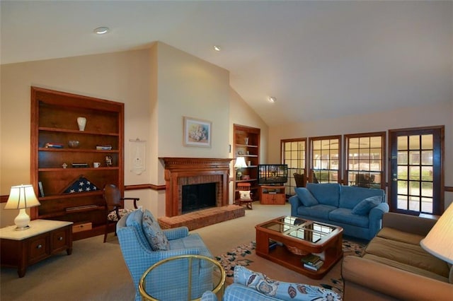 118 Heritage Way, Peachtree City, GA 30269 - living room featuring carpet floors, built in features, a fireplace, high vaulted ceiling, and baseboards