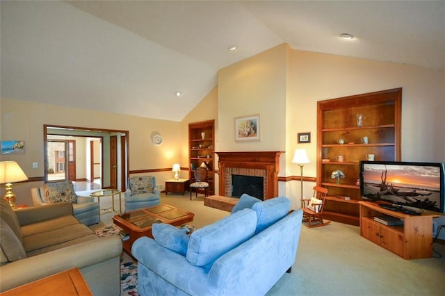 118 Heritage Way, Peachtree City, GA 30269 - living area featuring carpet floors, built in shelves, a fireplace, and high vaulted ceiling