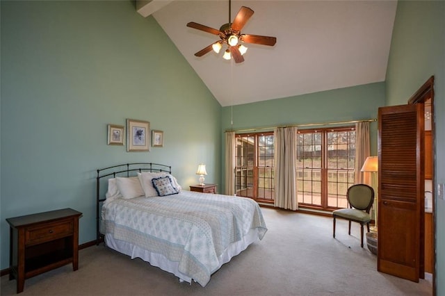 118 Heritage Way, Peachtree City, GA 30269 - bedroom featuring high vaulted ceiling, carpet flooring, beamed ceiling, baseboards, and ceiling fan