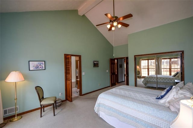 118 Heritage Way, Peachtree City, GA 30269 - carpeted bedroom with high vaulted ceiling, beamed ceiling, baseboards, and a ceiling fan