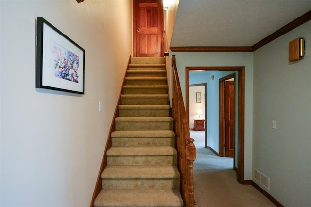 118 Heritage Way, Peachtree City, GA 30269 - stairway with carpet flooring, crown molding, and baseboards