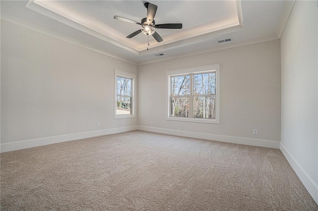 carpeted spare room with ceiling fan, ornamental molding, and a tray ceiling