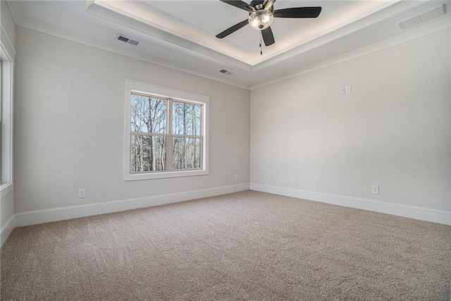 spare room featuring ceiling fan, carpet flooring, and a tray ceiling