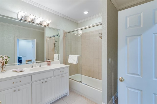bathroom with vanity, ornamental molding, tile patterned flooring, and bath / shower combo with glass door
