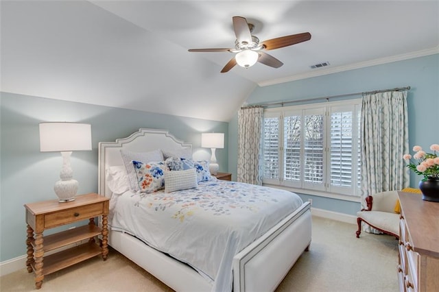 bedroom featuring baseboards, visible vents, light colored carpet, lofted ceiling, and crown molding