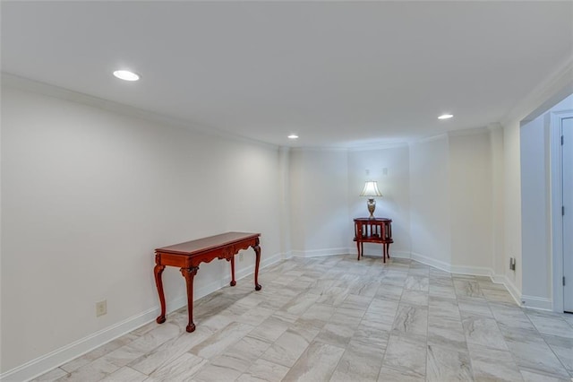 living area with marble finish floor, ornamental molding, and recessed lighting