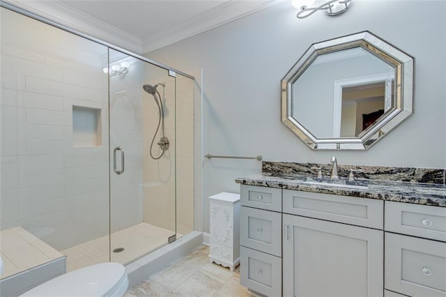 full bath with toilet, marble finish floor, a shower stall, vanity, and ornamental molding