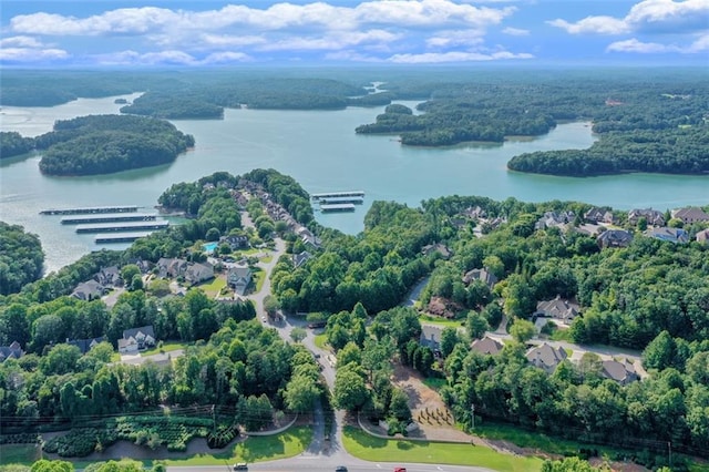 aerial view featuring a view of trees and a water view