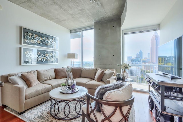 living room featuring wood-type flooring, a wall of windows, and a wealth of natural light