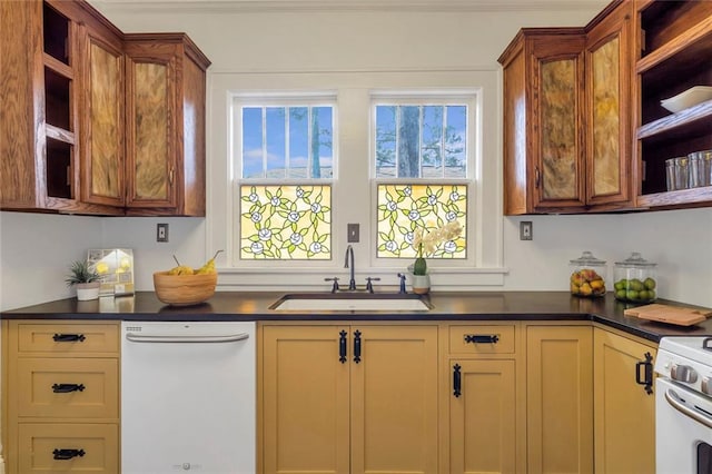 636 Cameron St SE, Atlanta, GA 30312 - kitchen with open shelves, white dishwasher, a sink, dark countertops, and crown molding