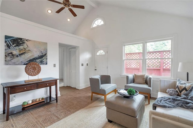 636 Cameron St SE, Atlanta, GA 30312 - living area with a ceiling fan, beamed ceiling, recessed lighting, and high vaulted ceiling