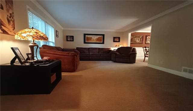 living room with ornamental molding and carpet floors