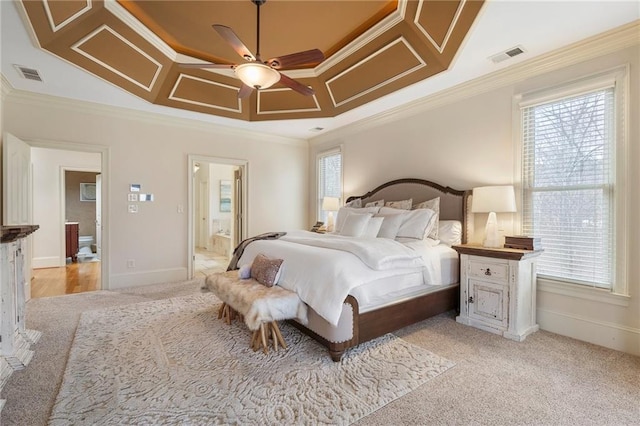 bedroom featuring visible vents, baseboards, and ornamental molding