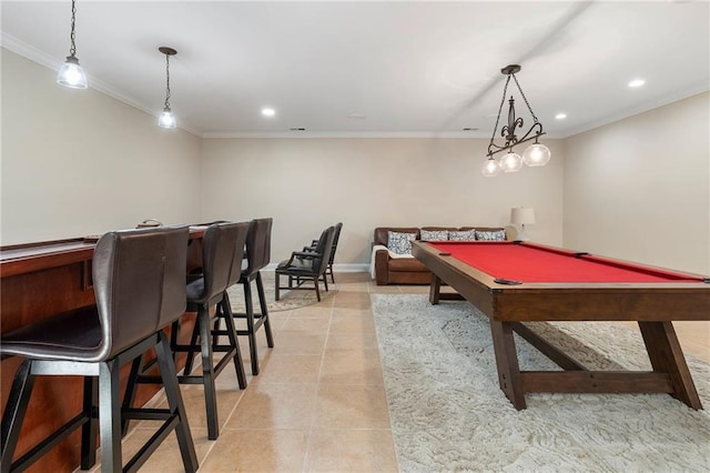 game room with pool table, baseboards, ornamental molding, light tile patterned floors, and recessed lighting