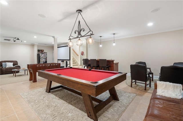 game room with light tile patterned floors, recessed lighting, billiards, and ornamental molding