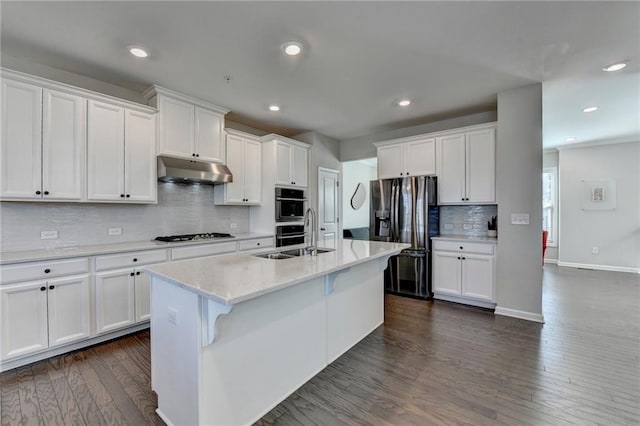 kitchen featuring under cabinet range hood, dark wood-style floors, stainless steel appliances, and a sink