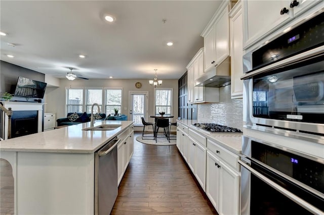 kitchen featuring white cabinets, under cabinet range hood, stainless steel appliances, and a sink