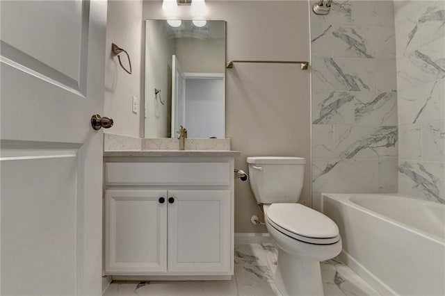 full bath with washtub / shower combination, marble finish floor, vanity, and toilet