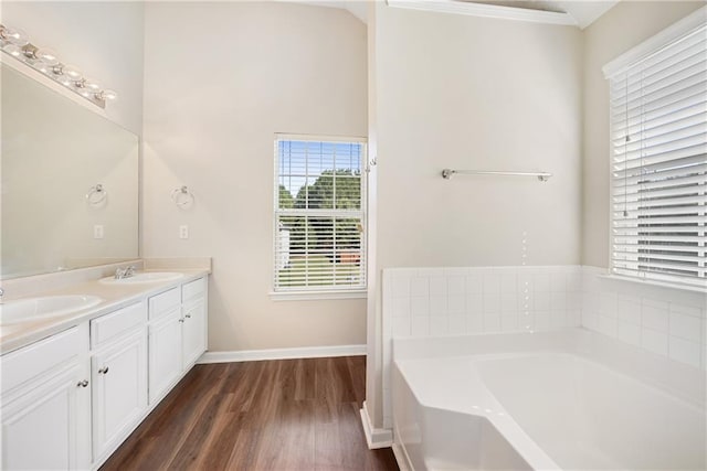 bathroom featuring vanity, hardwood / wood-style floors, and a bathing tub