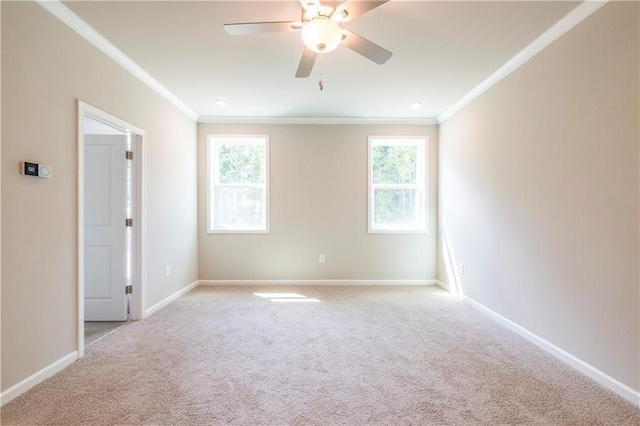 empty room with ceiling fan, light colored carpet, and crown molding