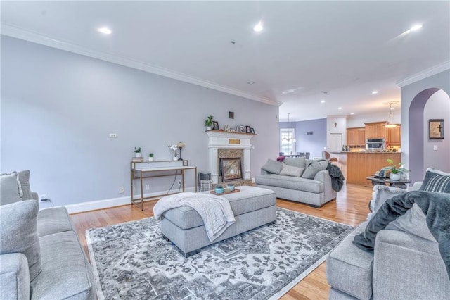 living room with ornamental molding and light hardwood / wood-style flooring