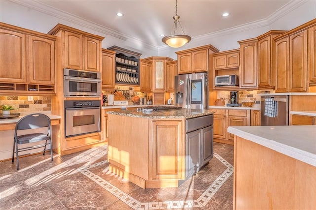 kitchen with ornamental molding, a kitchen island, decorative light fixtures, backsplash, and appliances with stainless steel finishes