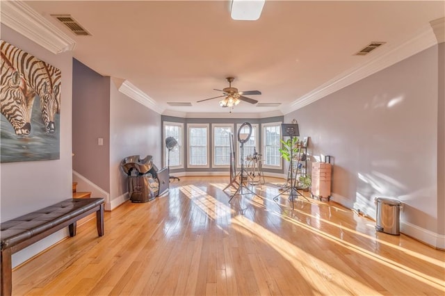 workout area featuring light hardwood / wood-style floors, crown molding, and ceiling fan