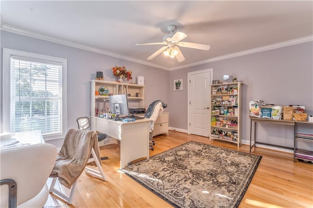 office with ceiling fan, light wood-type flooring, and ornamental molding