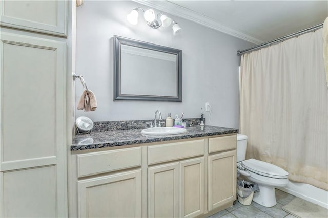 31 Meadow Lakes Ter, Cedartown, GA 30125 - full bathroom featuring toilet, vanity, ornamental molding, tile patterned floors, and shower / bath combo with shower curtain