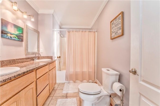 31 Meadow Lakes Ter, Cedartown, GA 30125 - bathroom featuring shower / tub combo with curtain, toilet, ornamental molding, double vanity, and tile patterned floors