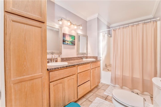 full bathroom featuring vanity, toilet, ornamental molding, tile patterned flooring, and shower / tub combo with curtain