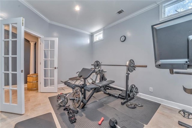 workout area with french doors, crown molding, decorative columns, and light tile patterned floors