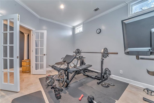 31 Meadow Lakes Ter, Cedartown, GA 30125 - exercise area featuring french doors, ornamental molding, tile patterned floors, and baseboards